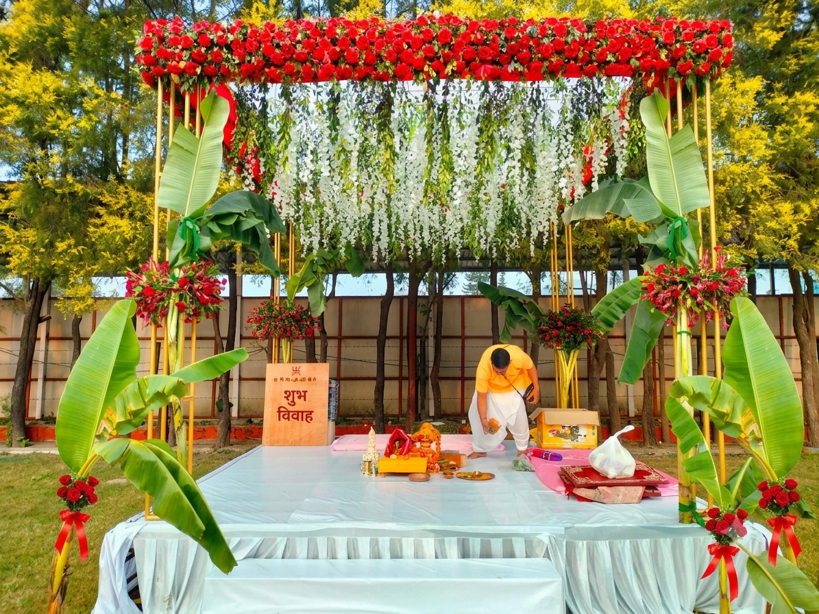 Professional wedding planner coordinating venue decor and ceremony setup